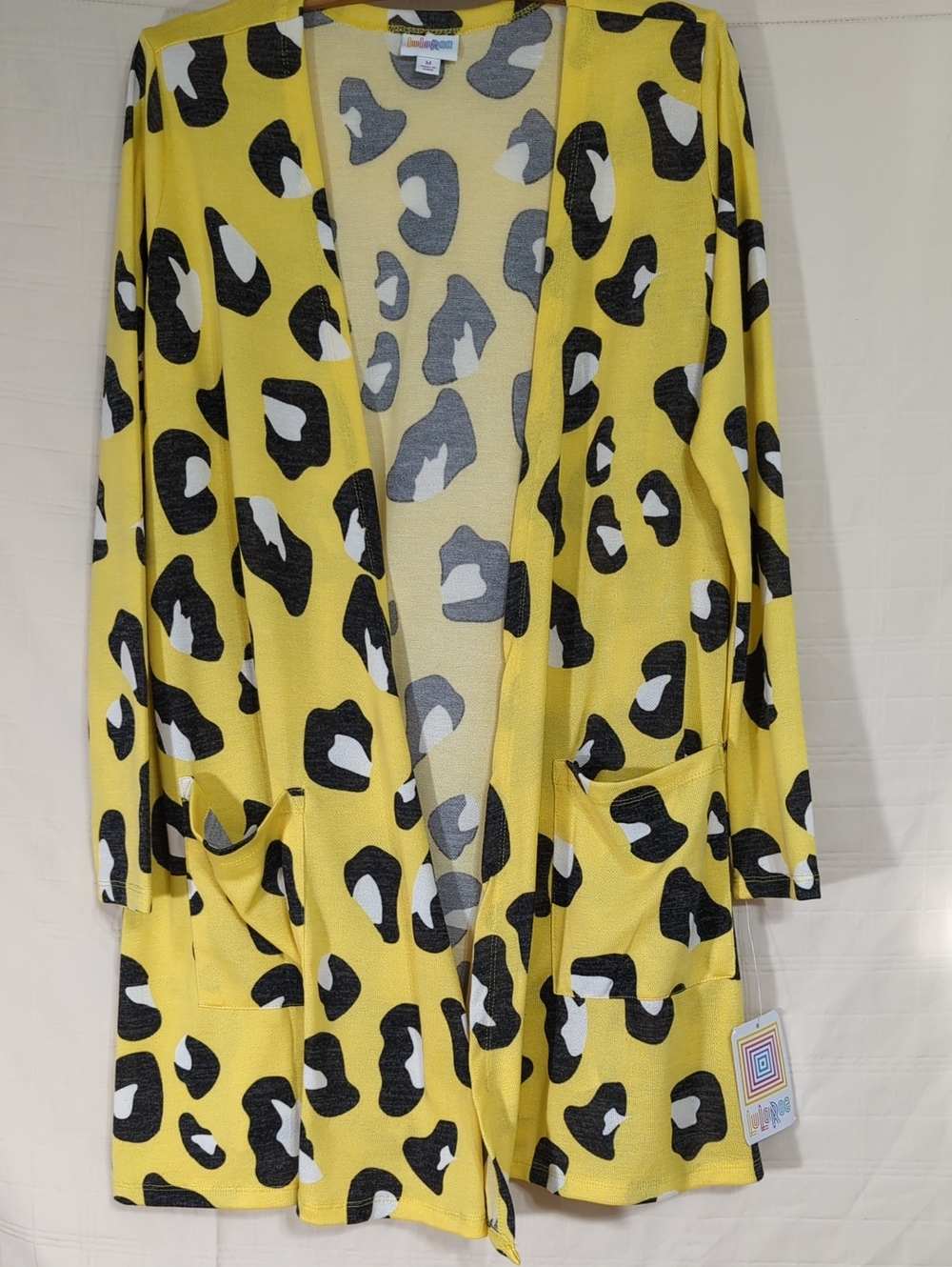 Lularoe Caroline Yellow, Black, White Print Open Cardigan Medium